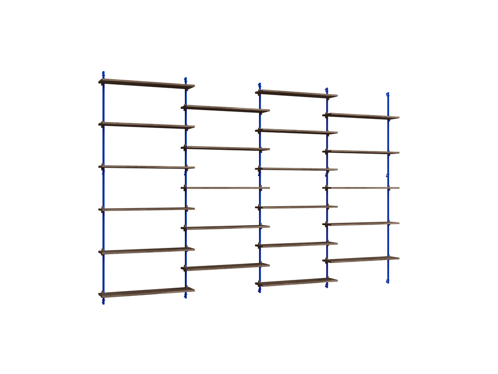 Wall Shelving System Sets (200 cm) by Moebe - WS.200.4 / Deep Blue Uprights / Smoked Oak