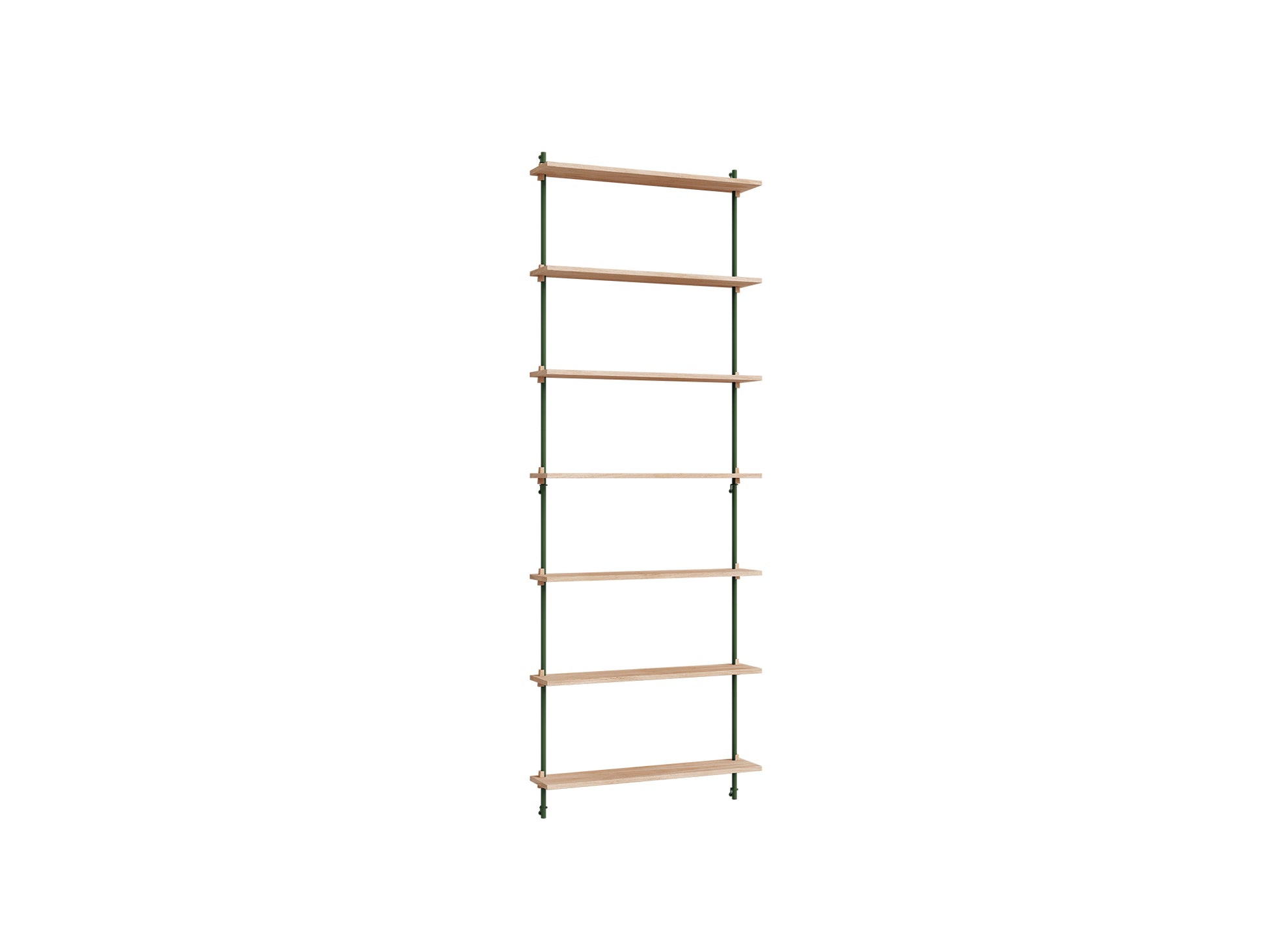 Wall Shelving System Sets (230 cm) by Moebe - WS.230.1 / Pine Green Uprights / Oiled Oak