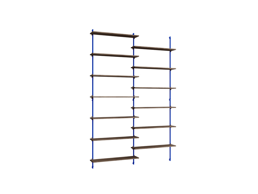 Wall Shelving System Sets (230 cm) by Moebe - WS.230.2 / Deep Blue Uprights / Smoked Oak