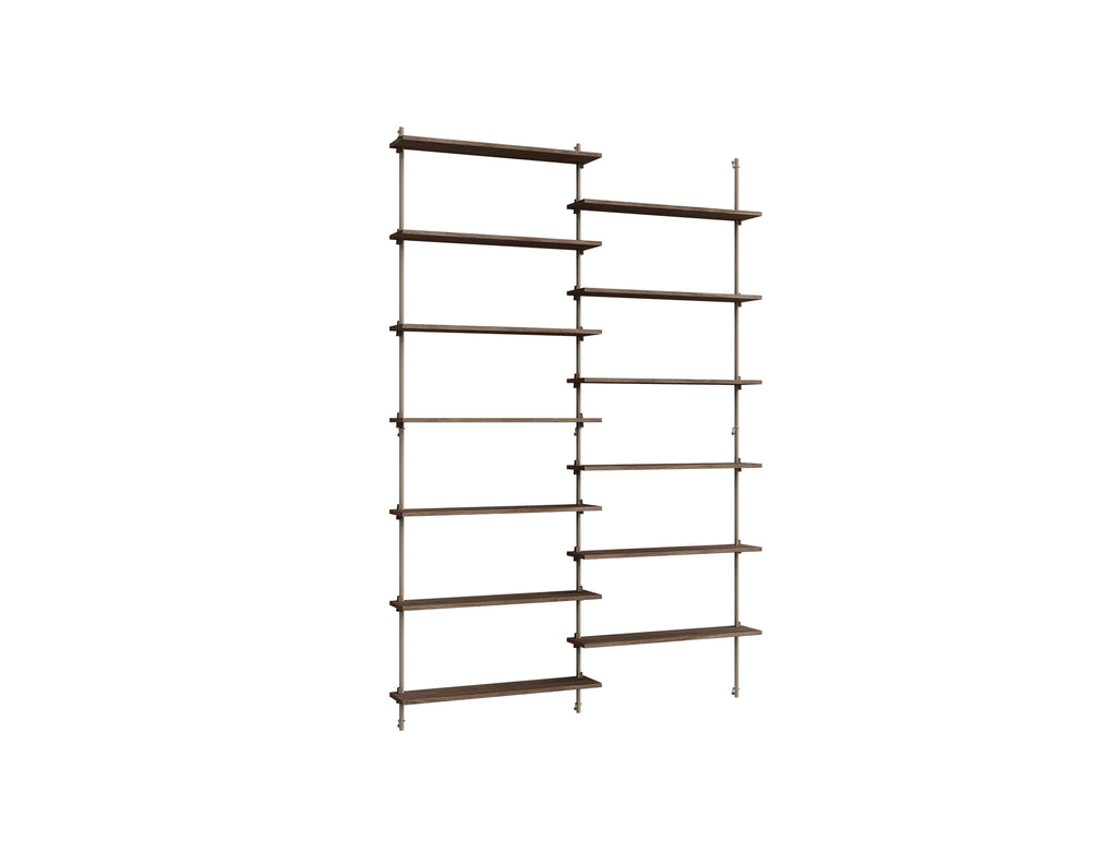 Wall Shelving System Sets (230 cm) by Moebe - WS.230.2 / Warm Grey Uprights / Smoked Oak