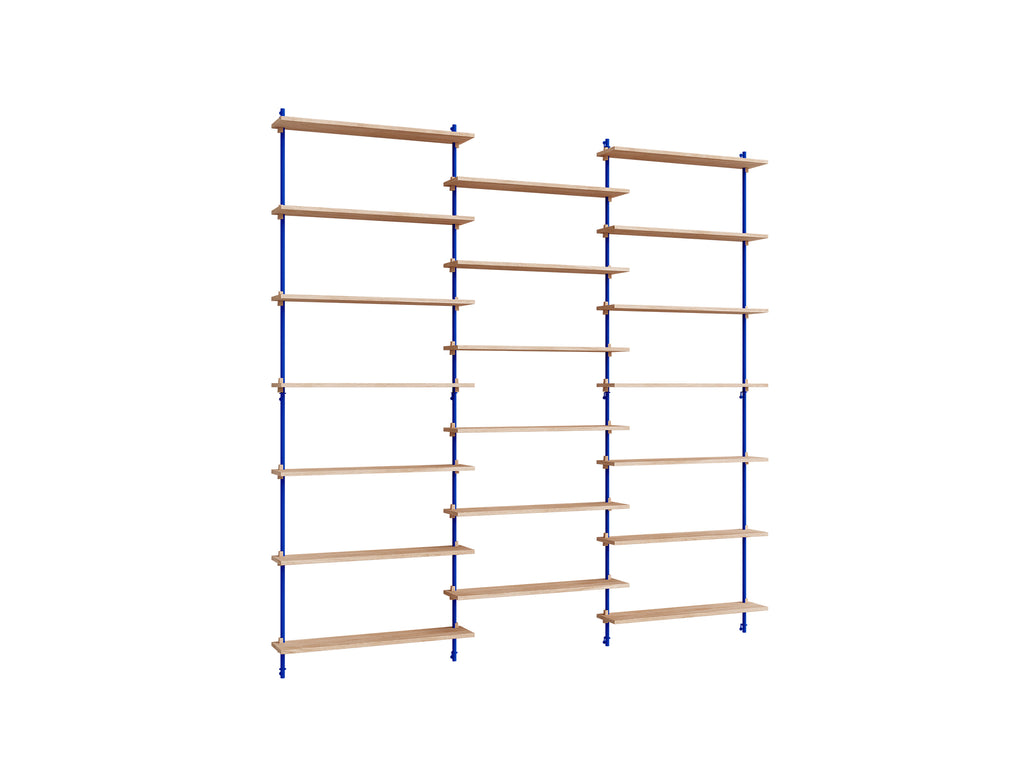 Wall Shelving System Sets (230 cm) by Moebe - WS.230.3 / Deep Blue Uprights / Oiled Oak