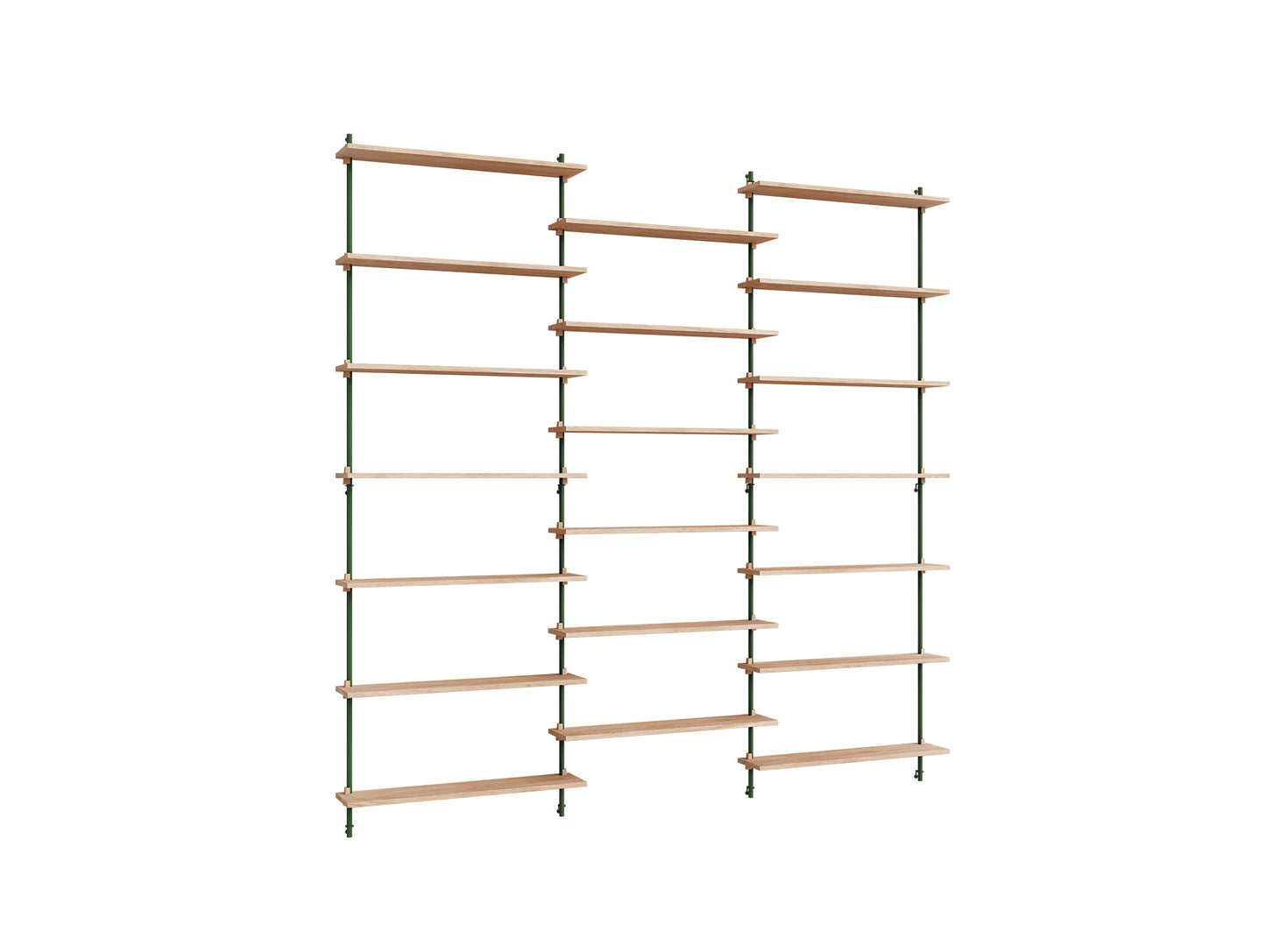 Wall Shelving System Sets (230 cm) by Moebe - WS.230.3 / Pine Green Uprights / Oiled Oak