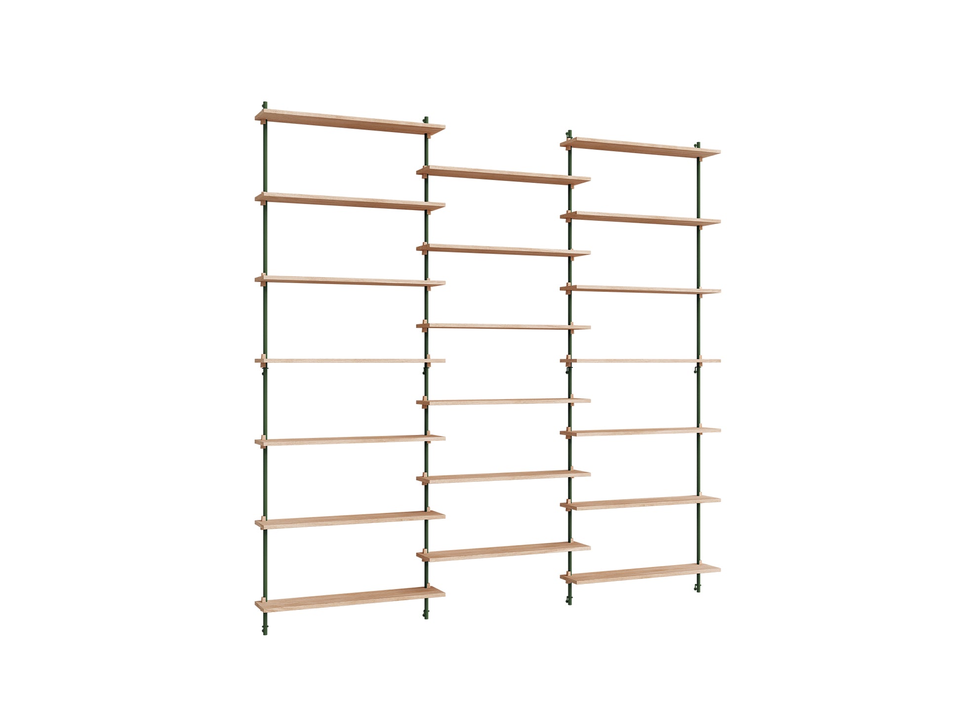 Wall Shelving System Sets (230 cm) by Moebe - WS.230.3 / Pine Green Uprights / Oiled Oak