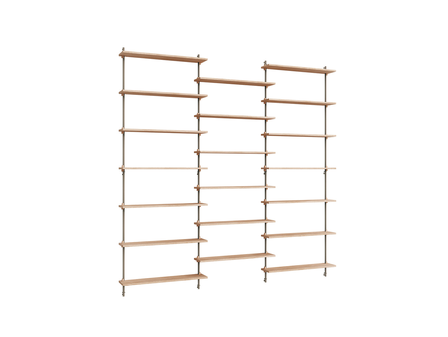 Wall Shelving System Sets (230 cm) by Moebe - WS.230.3 / Warm Grey Uprights / Oiled Oak