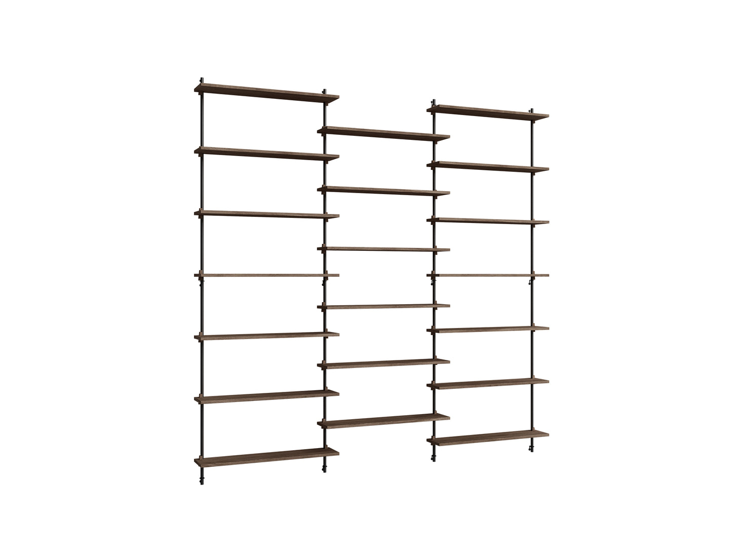 Wall Shelving System Sets (230 cm) by Moebe - WS.230.3 / Black Uprights / Smoked Oak