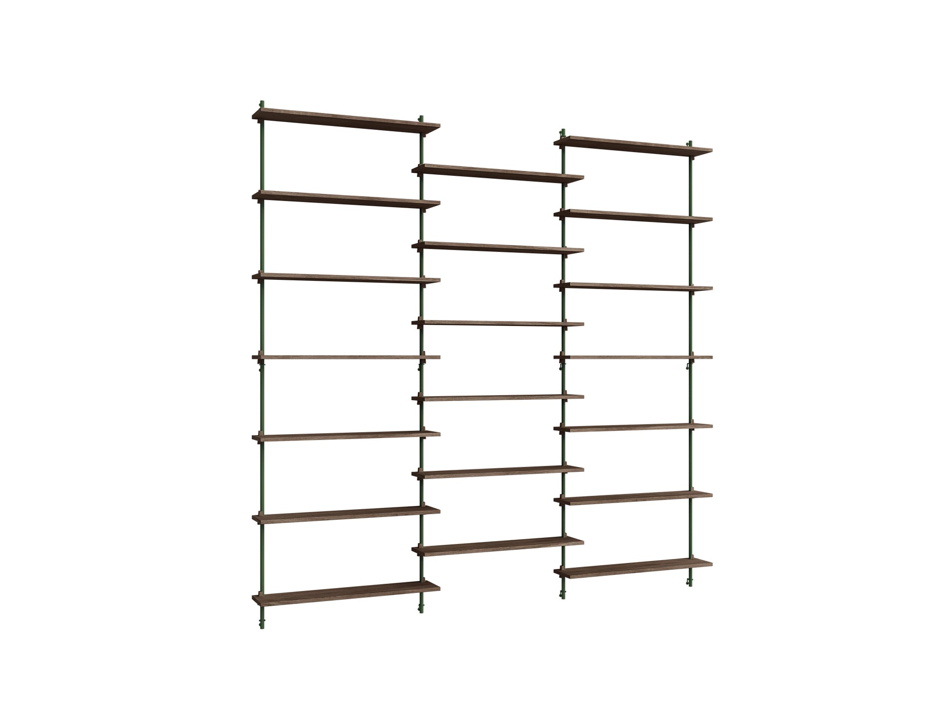 Wall Shelving System Sets (230 cm) by Moebe - WS.230.3 / Pine Green Uprights / Smoked Oak