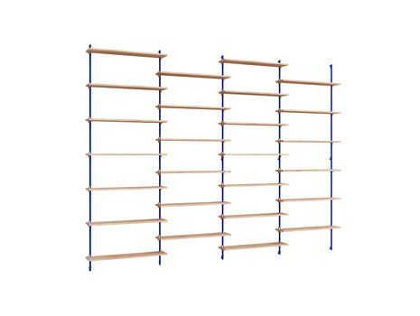 Wall Shelving System Sets (230 cm) by Moebe - WS.230.4 / Deep Blue Uprights / Oiled Oak