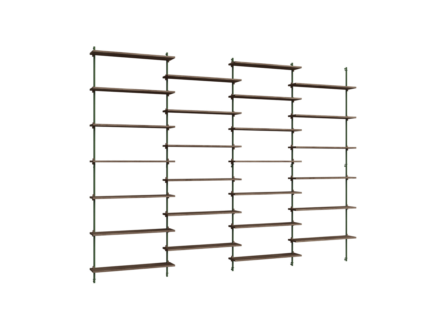 Wall Shelving System Sets (230 cm) by Moebe - WS.230.4 / Pine Green Uprights / Smoked Oak
