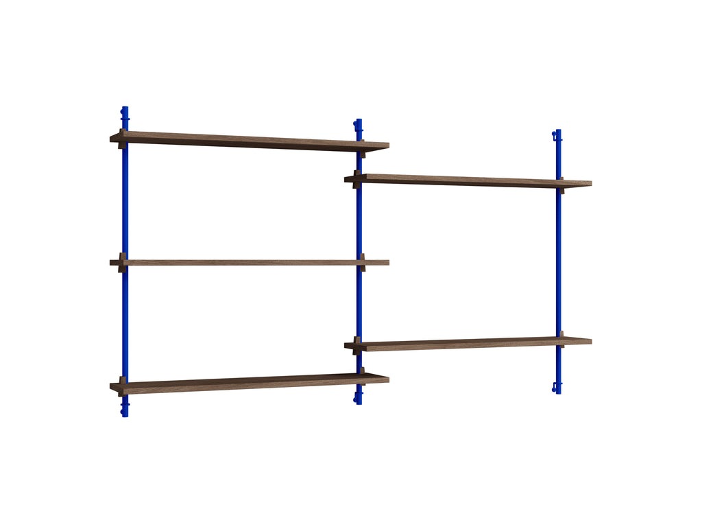 Wall Shelving System Sets (85 cm) by Moebe - WS.85.2 / Deep Blue Uprights / Smoked Oak