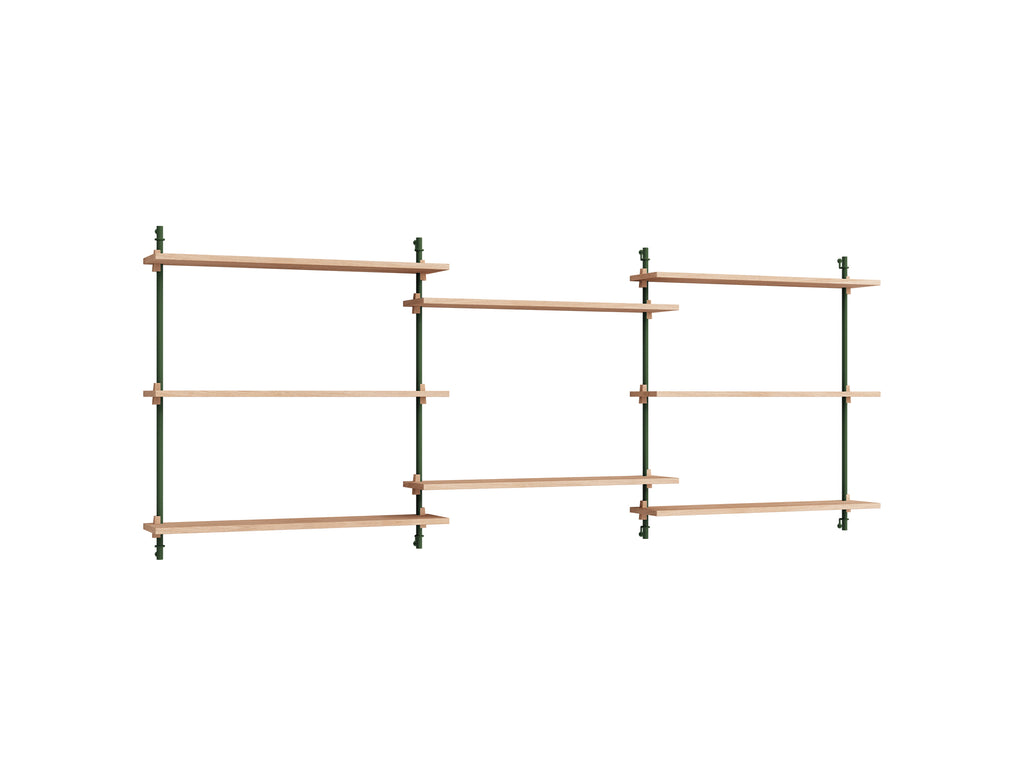 Wall Shelving System Sets (85 cm) by Moebe - WS.85.3 / Pine Green Uprights / Oiled Oak