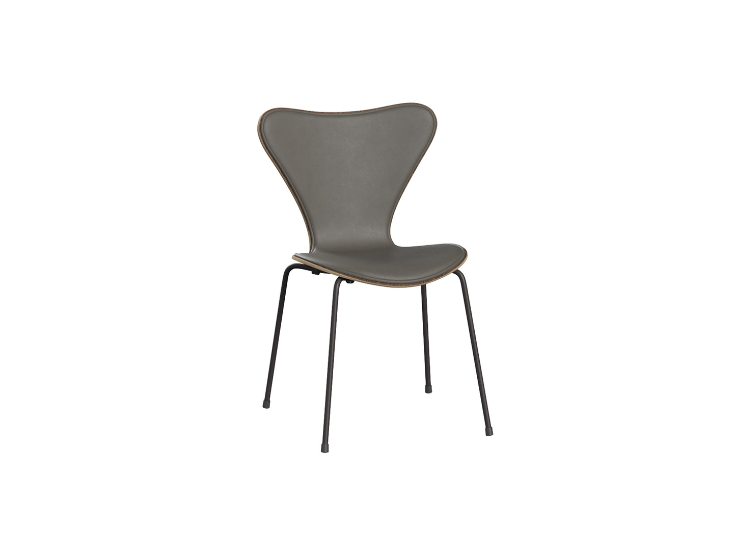 Series 7™ 3107 Dining Chair (Front Upholstered) by Fritz Hansen - Warm Graphite Steel / Front: Essential Lava Leather / Back: Clear Lacquered Walnut Veneer