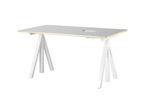Height Adjustable Work Desk by String - 140 x 78 cm / White Steel Base / Light Grey Linoleum MDF Desktop