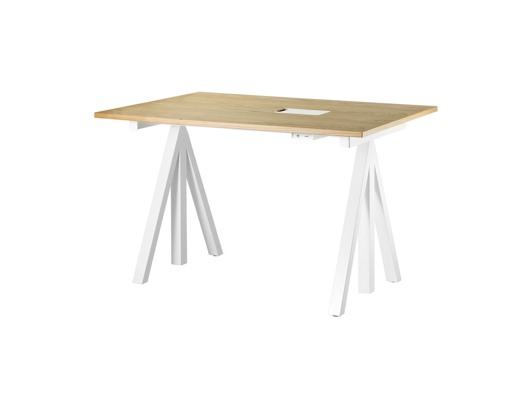Height Adjustable Work Desk by String - 120 x 78 cm / White Steel Base / Oak Veneered MDF Desktop
