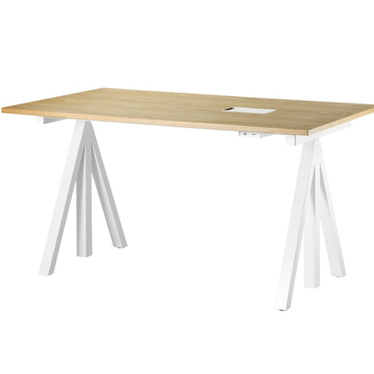 Height Adjustable Work Desk by String - 140 x 78 cm / White Steel Base / Oak Veneered MDF Desktop