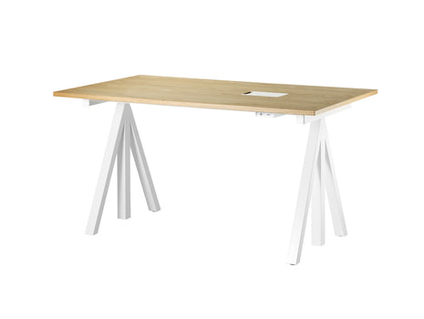 Height Adjustable Work Desk by String - 140 x 78 cm / White Steel Base / Oak Veneered MDF Desktop