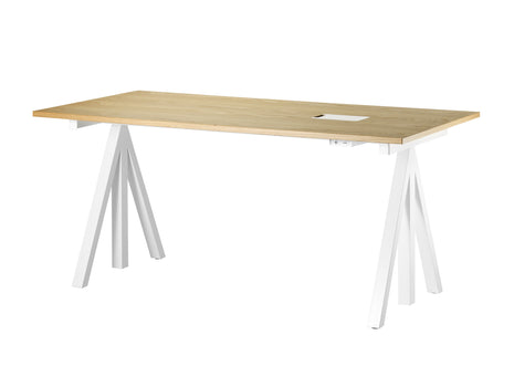 Height Adjustable Work Desk by String - 160 x 78 cm / White Steel Base / Oak Veneered MDF Desktop
