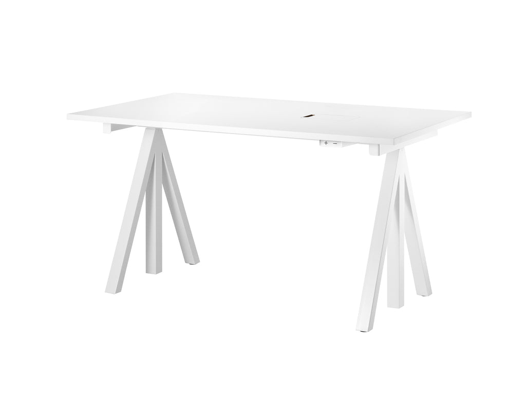 Height Adjustable Work Desk by String - 140 x 78 cm / White Steel Base / White Laminated MDF Desktop