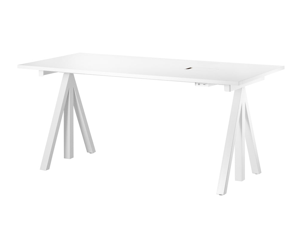 Height Adjustable Work Desk by String - 160 x 78 cm / White Steel Base / White Laminated MDF Desktop