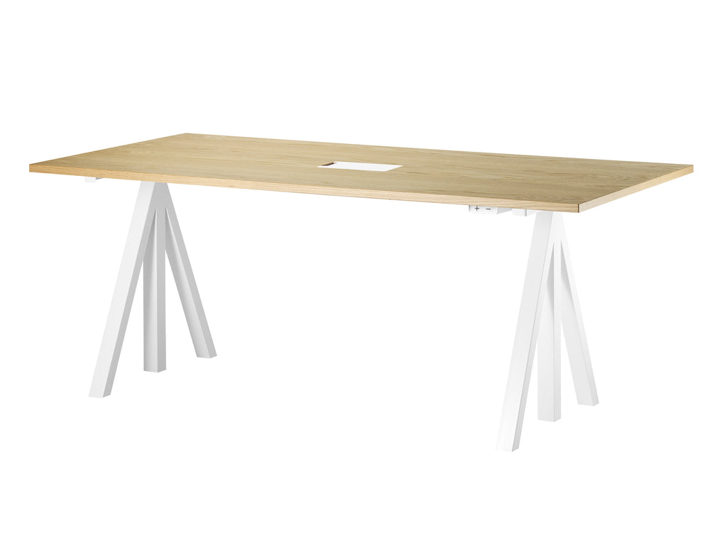 Height Adjustable Work Desk by String - 180 x 90 cm / White Steel Base / Oak Veneered MDF Desktop