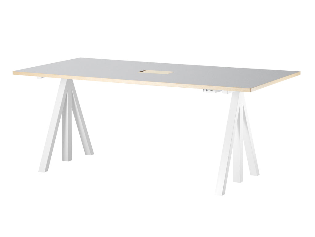 Height Adjustable Work Desk by String - 180 x 90 cm / White Steel Base / Light Grey Linoleum MDF Desktop