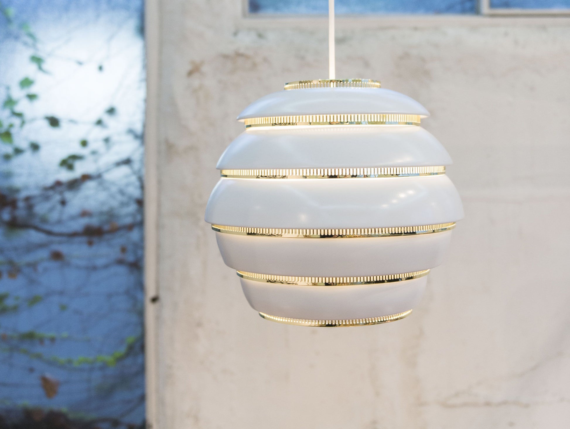 A331 Beehive Pendant Light by Artek - White Aluminium Shade with Brass Rings