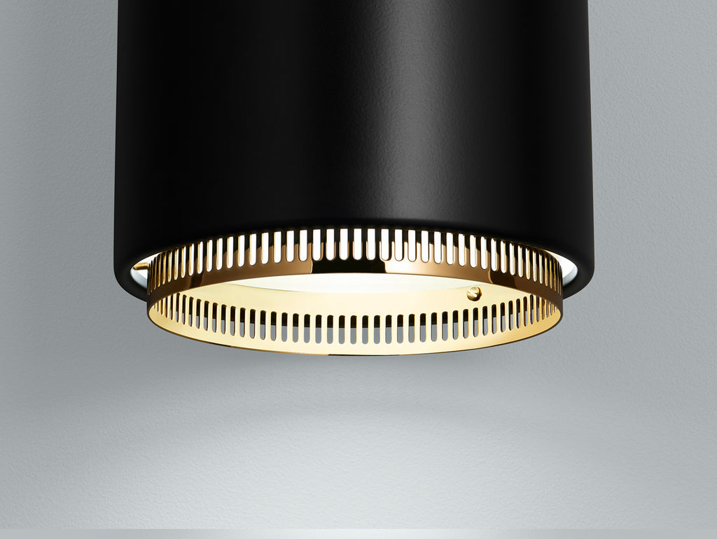 A110 Hand Grenade Pendant Light by Artek - Black Powder Coated Steel Shade with Brass Plated Ring