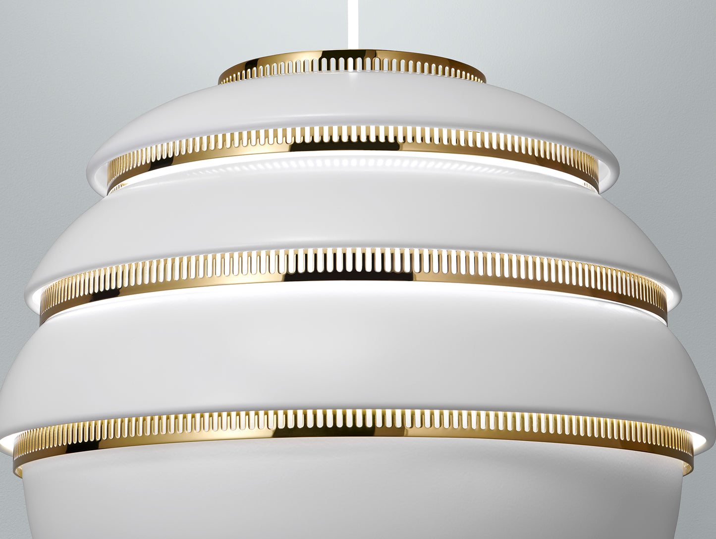 A331 Beehive Pendant Light by Artek - White Aluminium Shade with Brass Rings