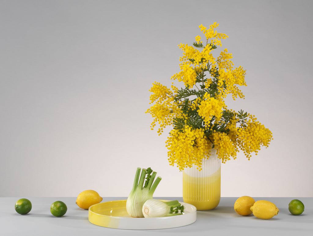 Herringbone Vessels by Vitra - Yellow Ribbed Vase and Tray