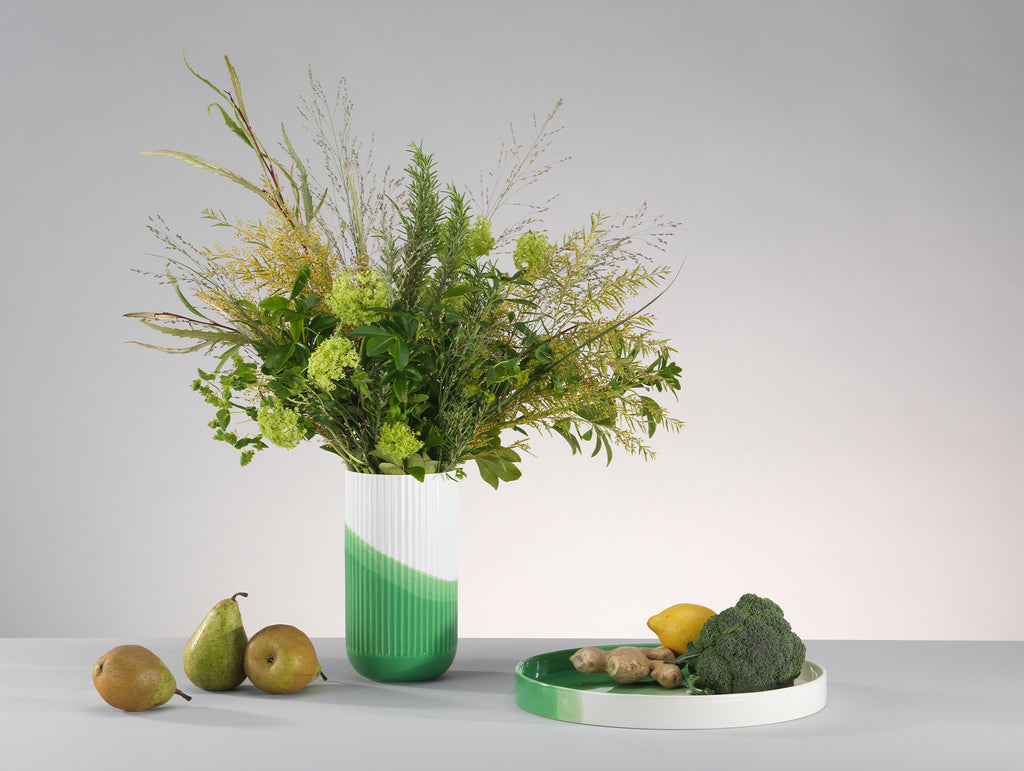 Herringbone Vessels by Vitra - Green Ribbed Vase and Tray