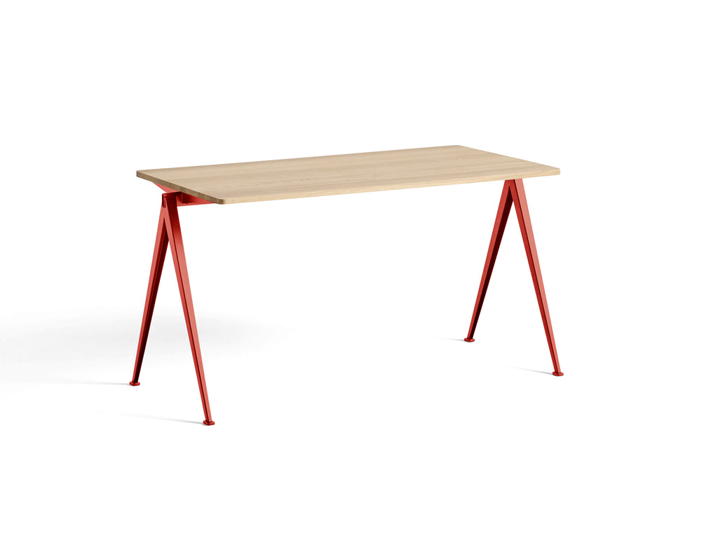 Pyramid Table 01 by HAY - Length: 140 cm / Width: 65 cm / Matt Lacquered Oak / Tomato Red Frame
