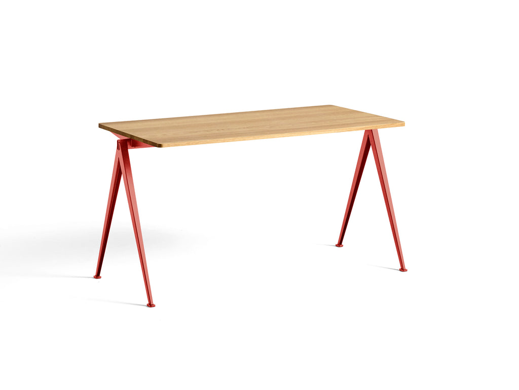 Pyramid Table 01 by HAY - Length: 140 cm / Width: 65 cm / Clear Lacquered Oak / Tomato Red Frame
