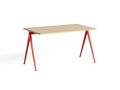 Pyramid Table 01 by HAY - Length: 140 cm / Width: 75 cm / Matt Lacquered Oak / Tomato Red Frame