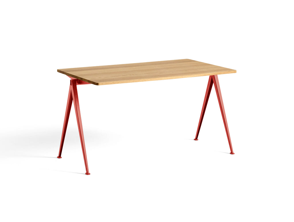 Pyramid Table 01 by HAY - Length: 140 cm / Width: 75 cm / Clear Lacquered Oak / Tomato Red Frame