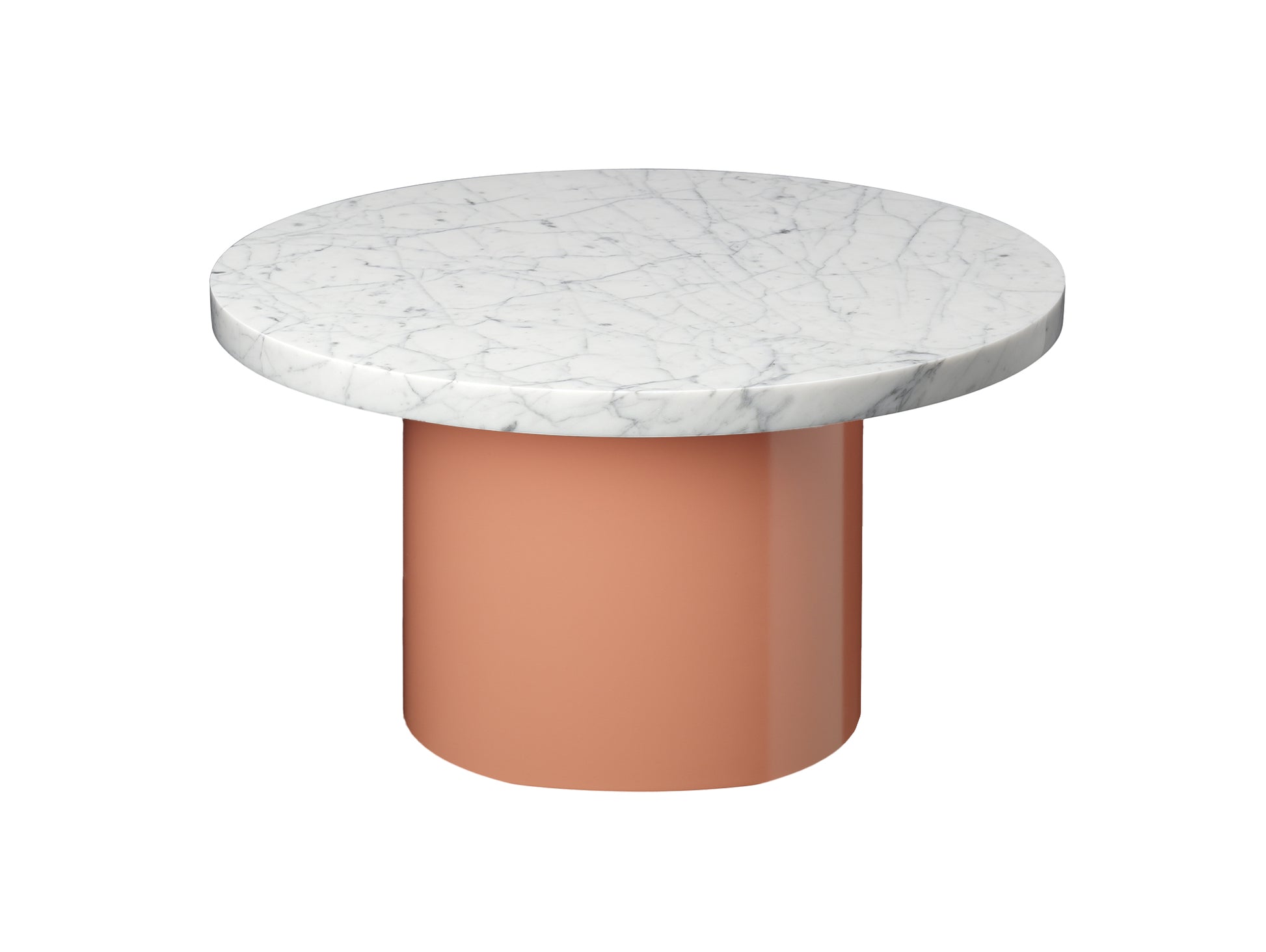 CT09 Enoki Side Table by e15 - (D55 H30 cm) Bianco Carrara Marble Tabletop  / Beige Red Steel Base