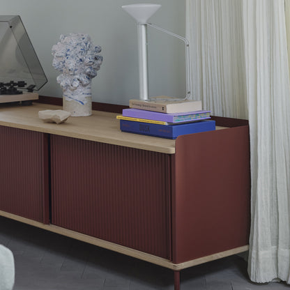 Enfold Sideboard by Muuto - 186x45 / Lacquered Oak / Deep Red Lacquered Steel