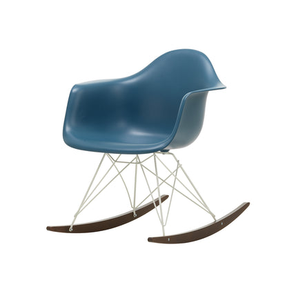 Eames RAR Plastic Armchair in Sea Blue with White Base and Dark Maple Rockers by Vitra