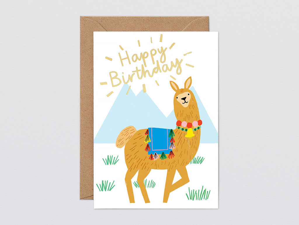 'Happy Birthday Llama' Foiled Greetings Card by Wrap