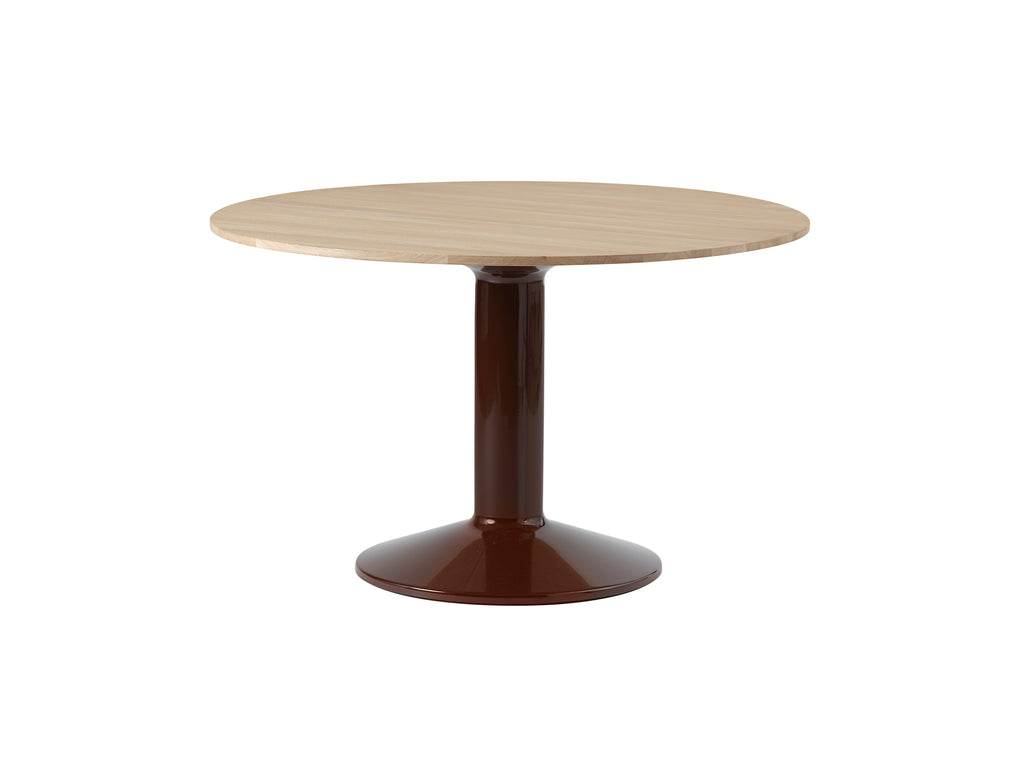 Midst Table by Muuto - Diameter: 120 cm / Oiled Oak Tabletop with Dark Red Steel Base