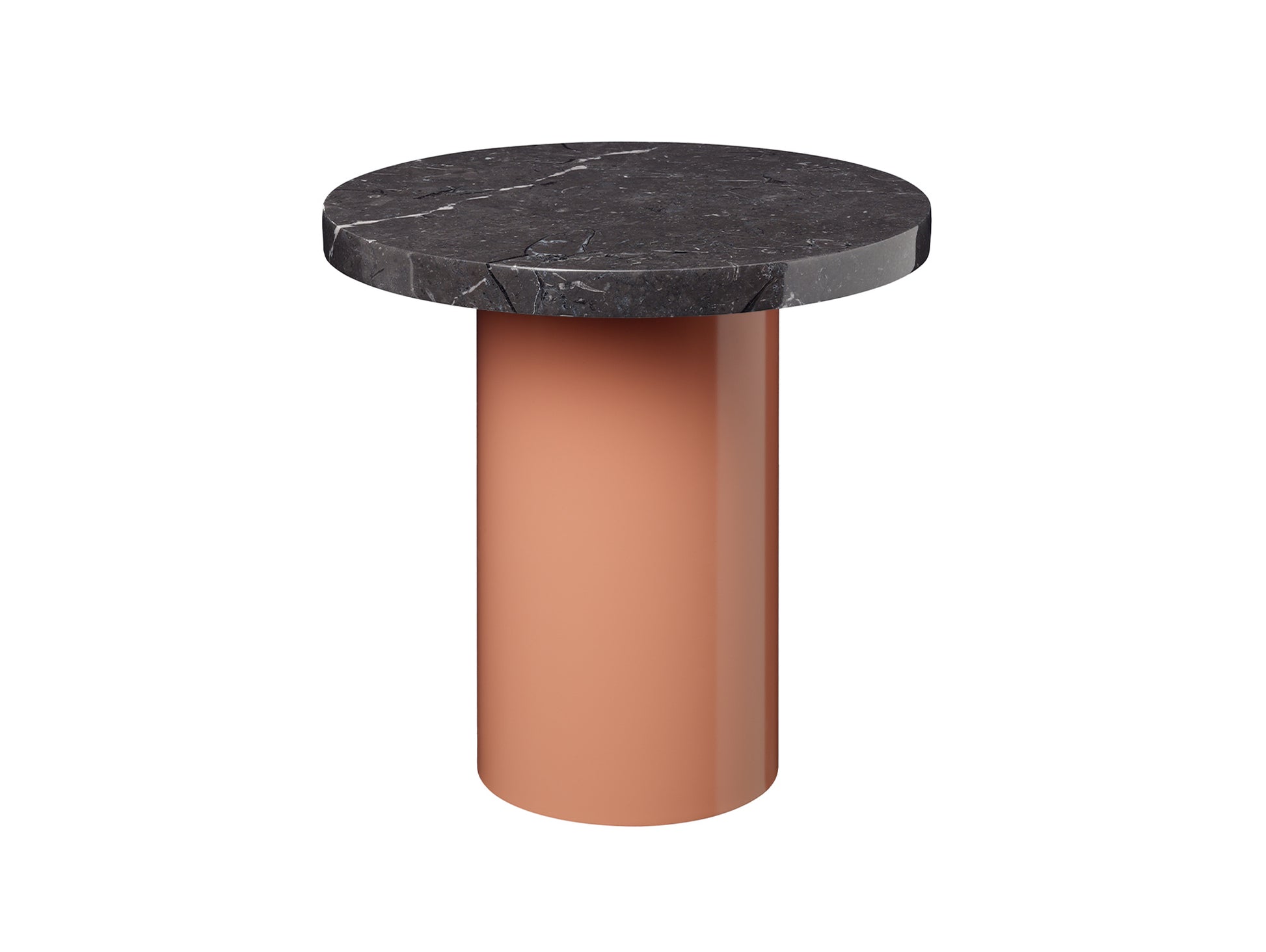 CT09 Enoki Side Table by e15 - (D40 H40 cm) Nero Marquina Marble Tabletop / Red Beige Steel Base