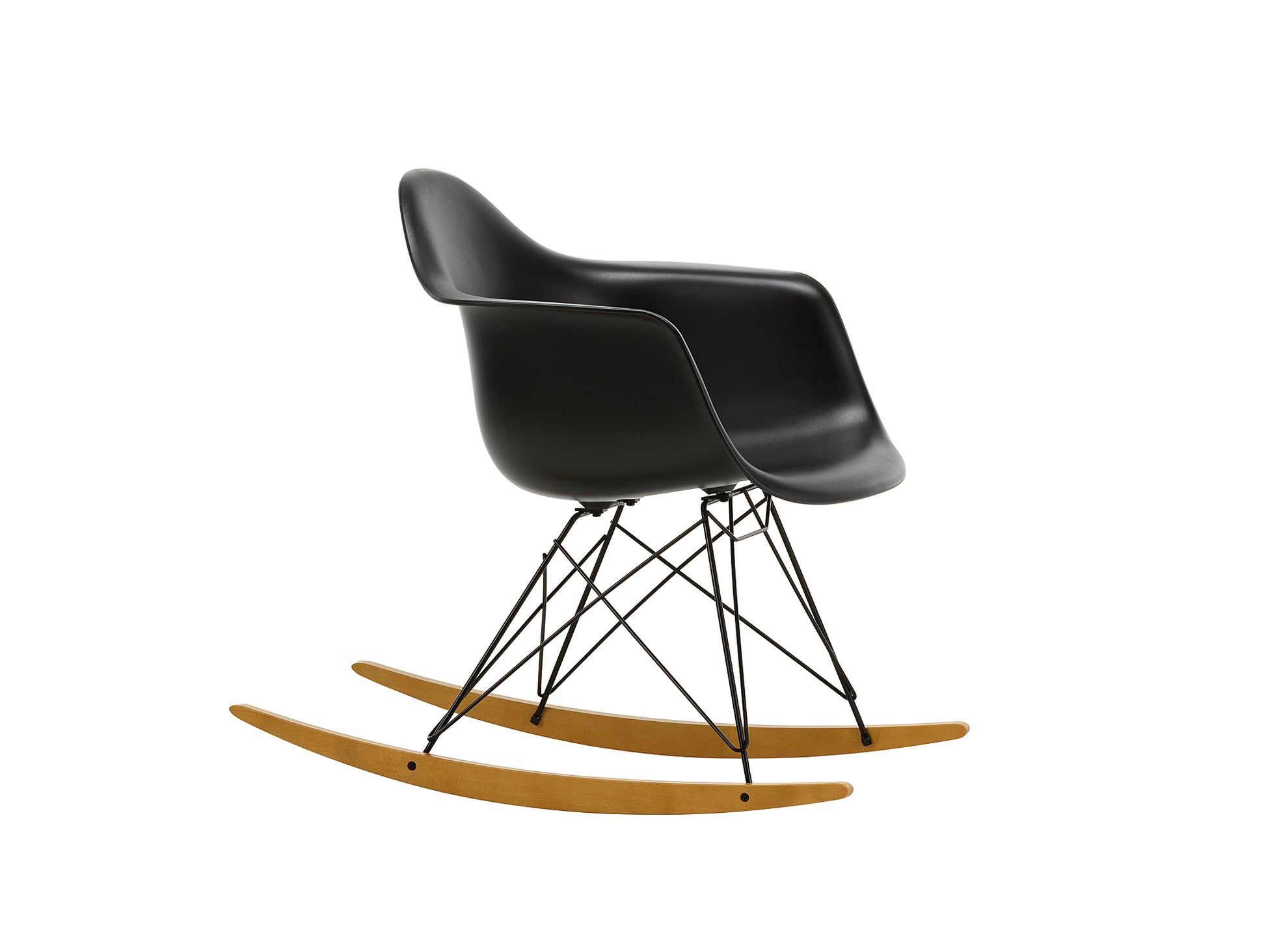 Eames RAR Plastic Armchair in Deep Black with Basic Dark Base and Golden Maple Rockers by Vitra