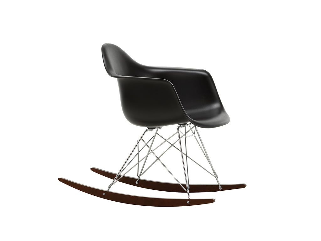 Eames RAR Plastic Armchair in Deep Black with Chrome Base and Dark Maple Rockers by Vitra