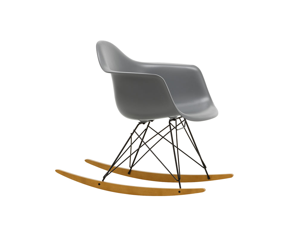 Eames RAR Plastic Armchair in Granite Grey with Basic Dark Base and Golden Maple Rockers by Vitra