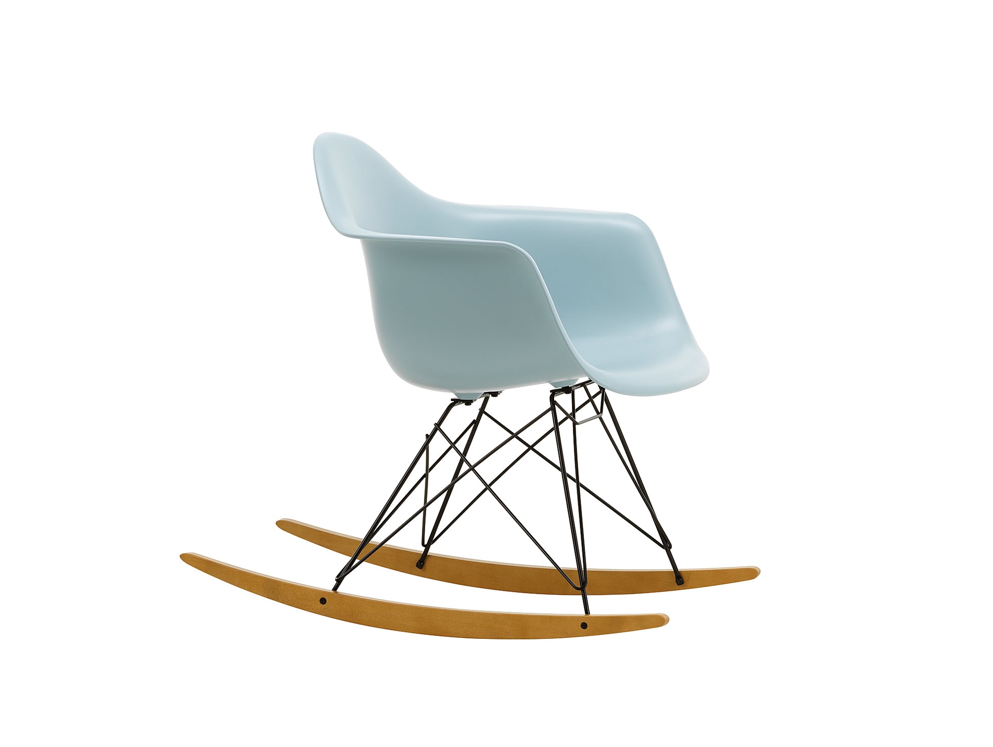 Eames RAR Plastic Armchair in Ice Grey with Basic Dark Base and Golden Maple Rockers by Vitra