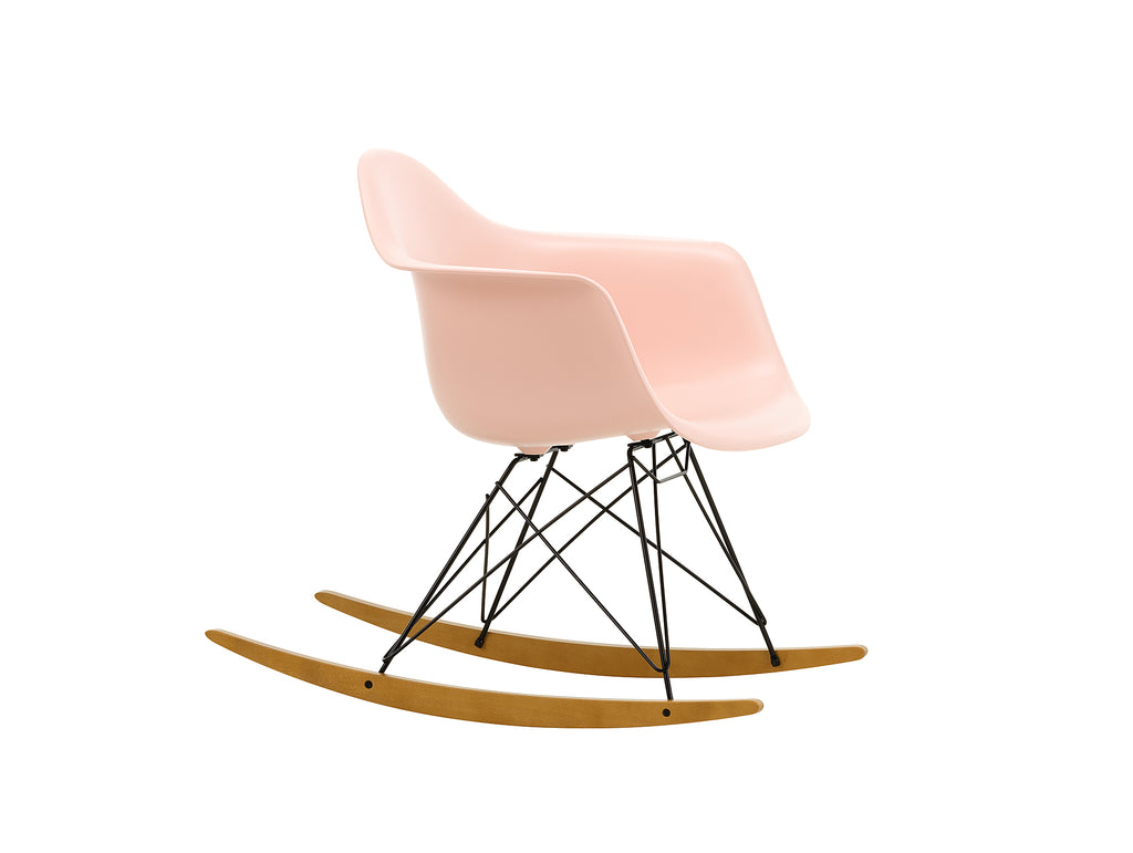 Eames RAR Plastic Armchair in Pale Rose with Basic Dark Base and Golden Maple Rockers by Vitra