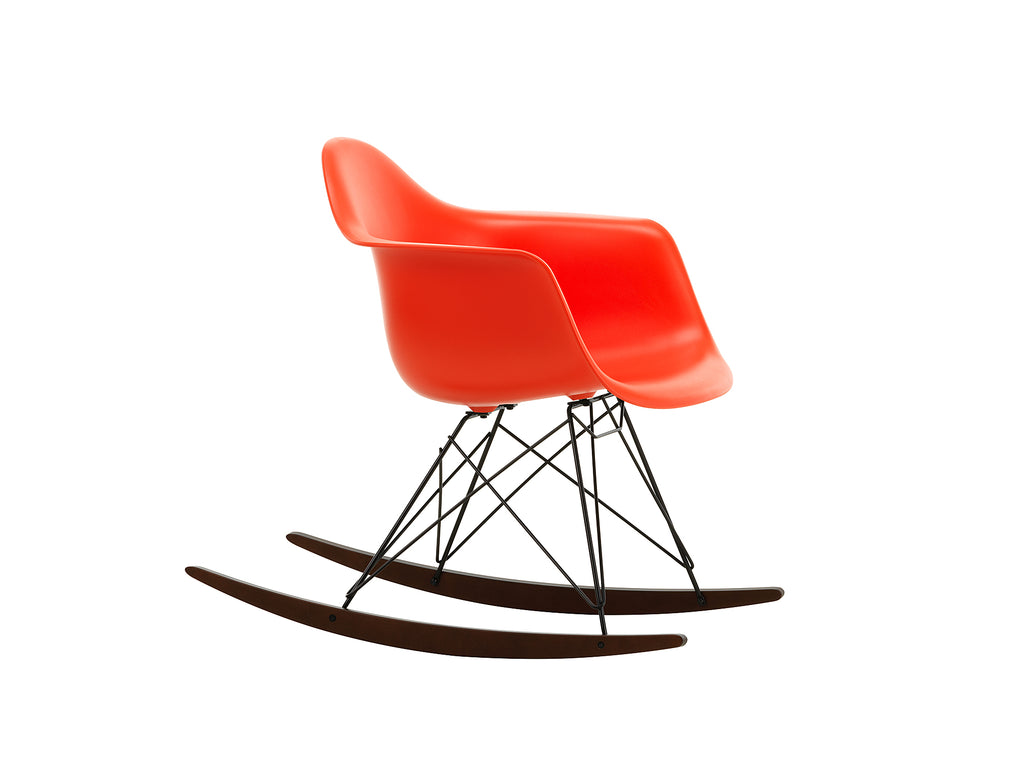 Eames RAR Plastic Armchair in Poppy Red with Basic Dark Base and Dark Maple Rockers by Vitra