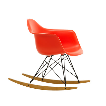 Eames RAR Plastic Armchair in Poppy Red with Basic Dark Base and Golden Maple Rockers by Vitra
