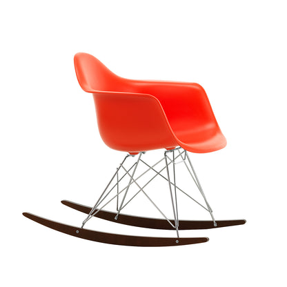 Eames RAR Plastic Armchair in Poppy Red with Chrome Base and Dark Maple Rockers by Vitra