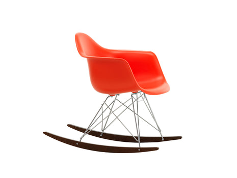 Eames RAR Plastic Armchair in Poppy Red with Chrome Base and Dark Maple Rockers by Vitra
