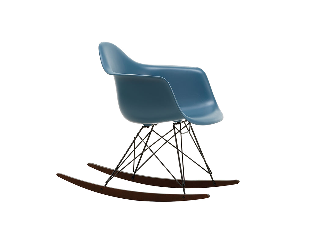 Eames RAR Plastic Armchair in Sea Blue with Basic Dark Base and Dark Maple Rockers by Vitra