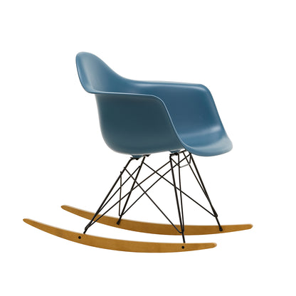 Eames RAR Plastic Armchair in Sea Blue with Basic Dark Base and Golden Maple Rockers by Vitra